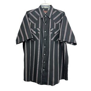 Vtg Y2K‎ Plains Western Wear Pearl Snaps Shirt Men Tall XL Black Stripes Cowboy